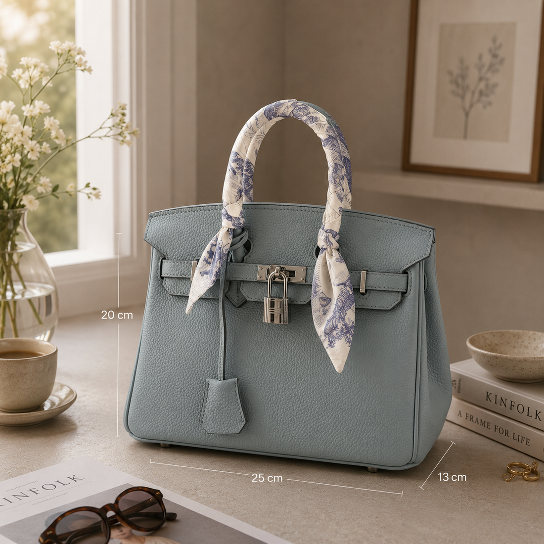 Bolso de mano Pregato Verona Gold Azul Herraje Plata · 25cm