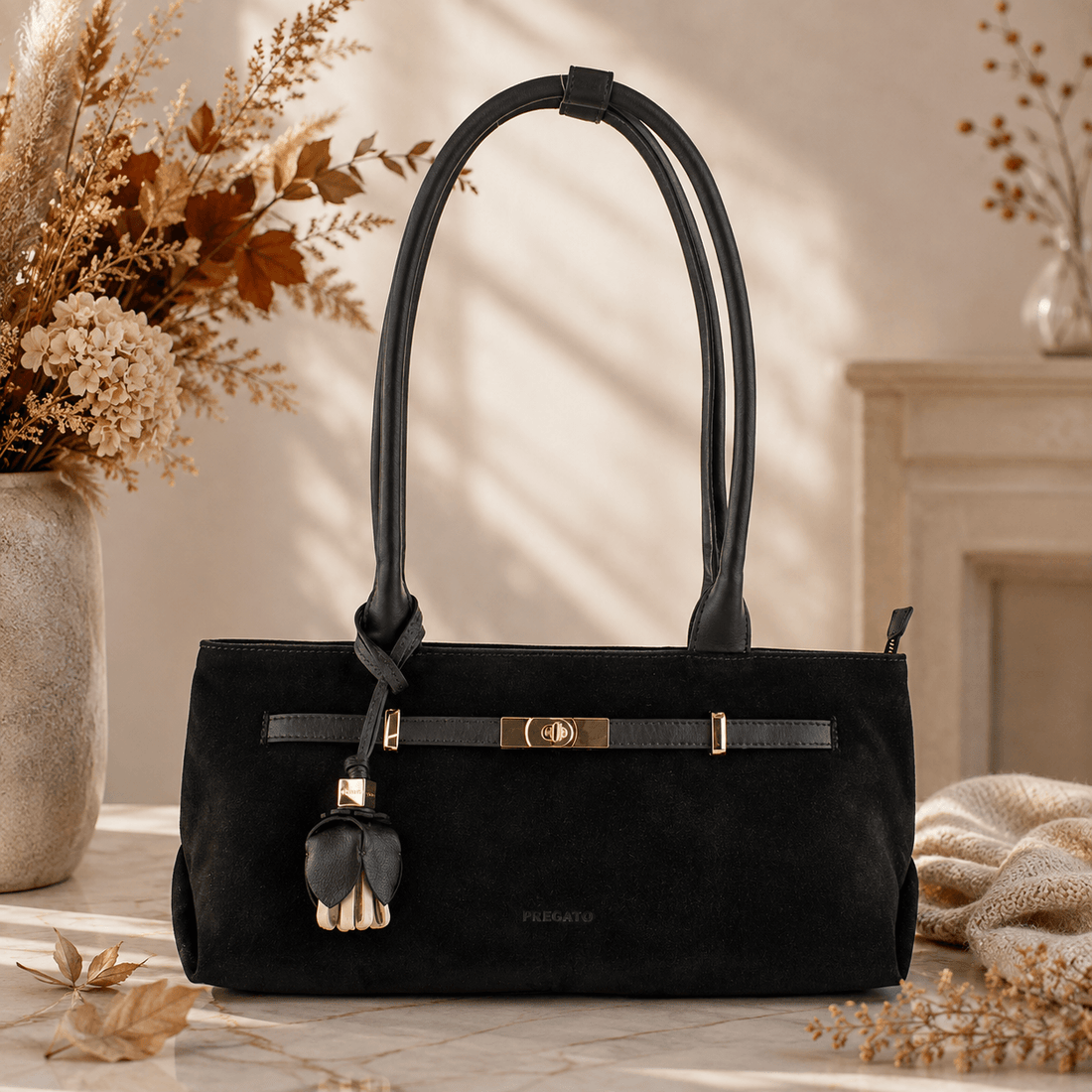 Bolso de hombro de Piel y Serraje Pregato Aurea Chocolate