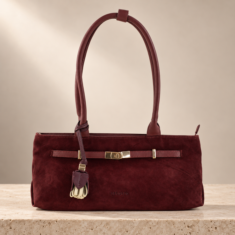 Bolso de hombro de Piel y Serraje Pregato Aurea Burdeos