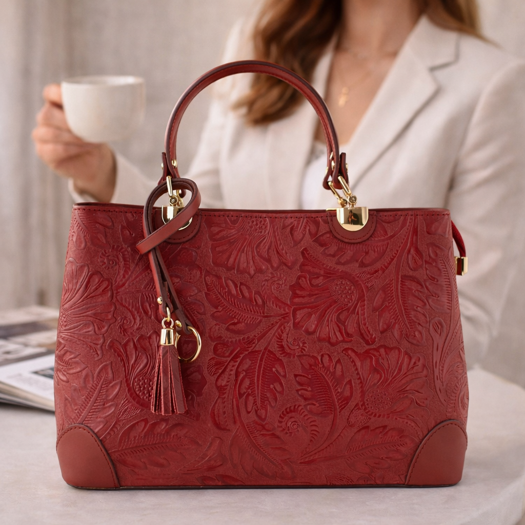 Bolso en piel Pregato Eleganza Grabado Rojo oscuro