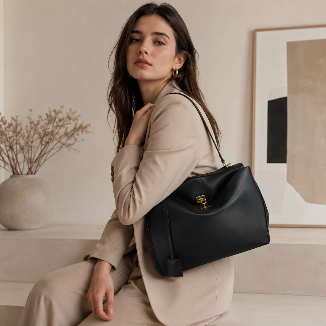 Bolso en piel Pregato Lussari Negro Herraje Dorado - 35cm