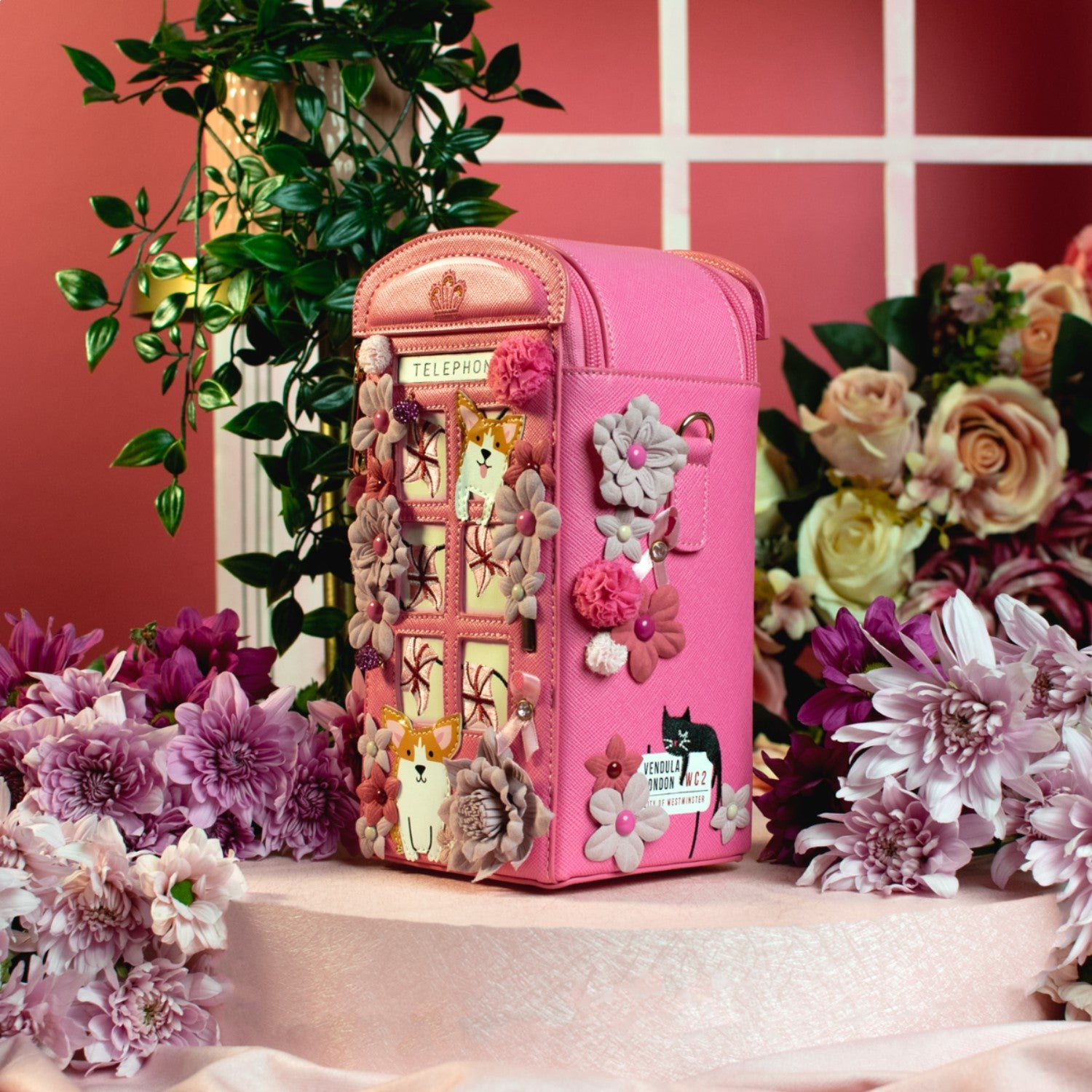 Bolso Telephone Box Vendula London Cats & Corgis Floral - Pink Ribbon Foundation - KimondoShop